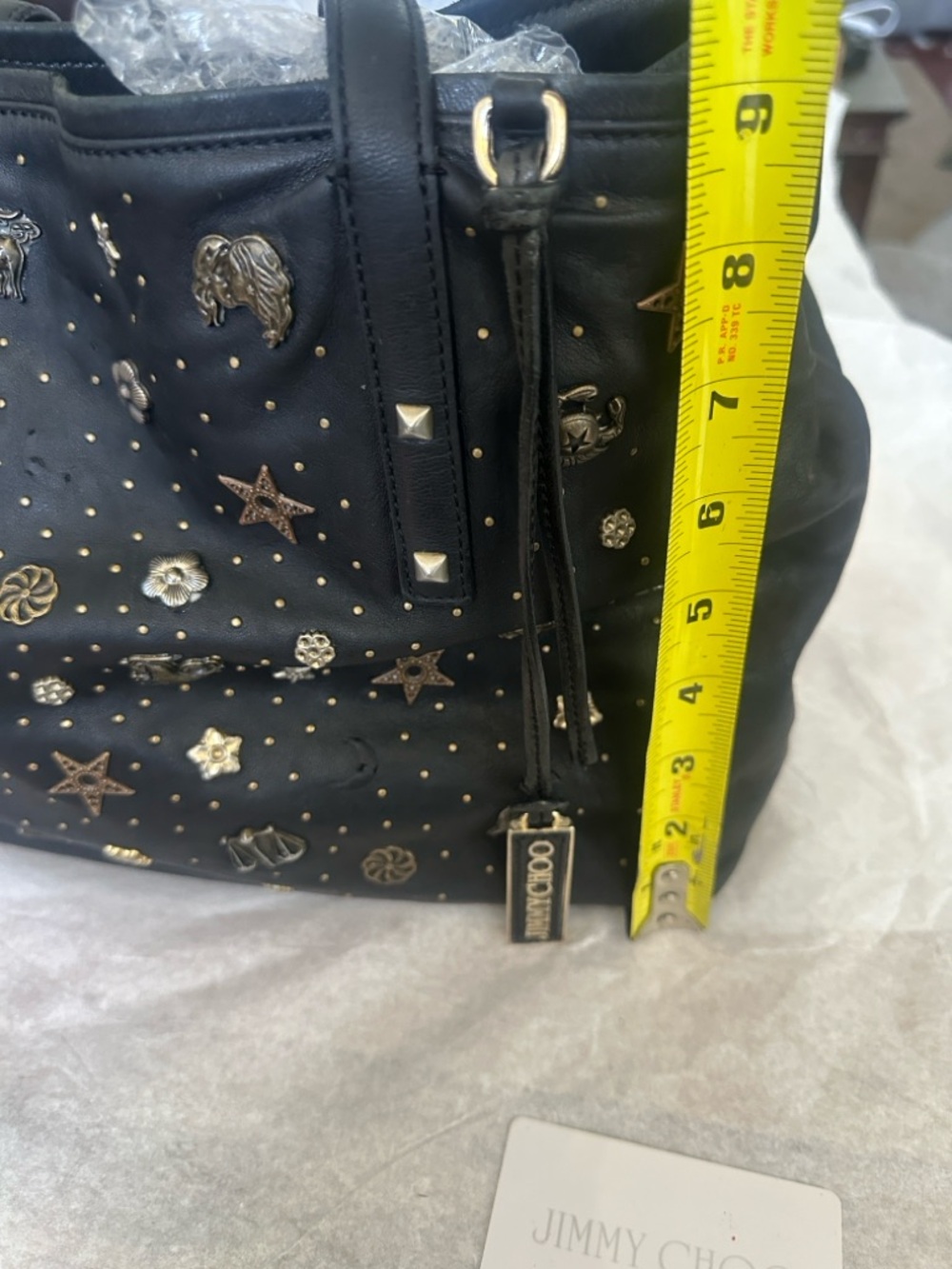 Y2K Authentic Jimmy Choo Vintage Leather Zodiac Tote Bag Black Stars Charm COA - Picture 10 of 14
